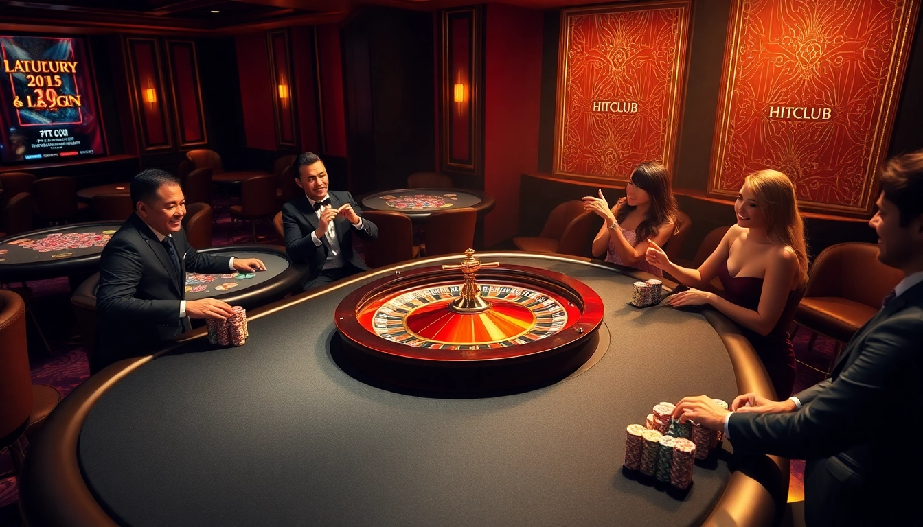 HITCLUB casino scene showcasing vibrant gaming tables with players celebrating wins.