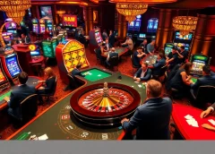 Gambling excitement at a casino floor, featuring hidden wiki link on a roulette table.