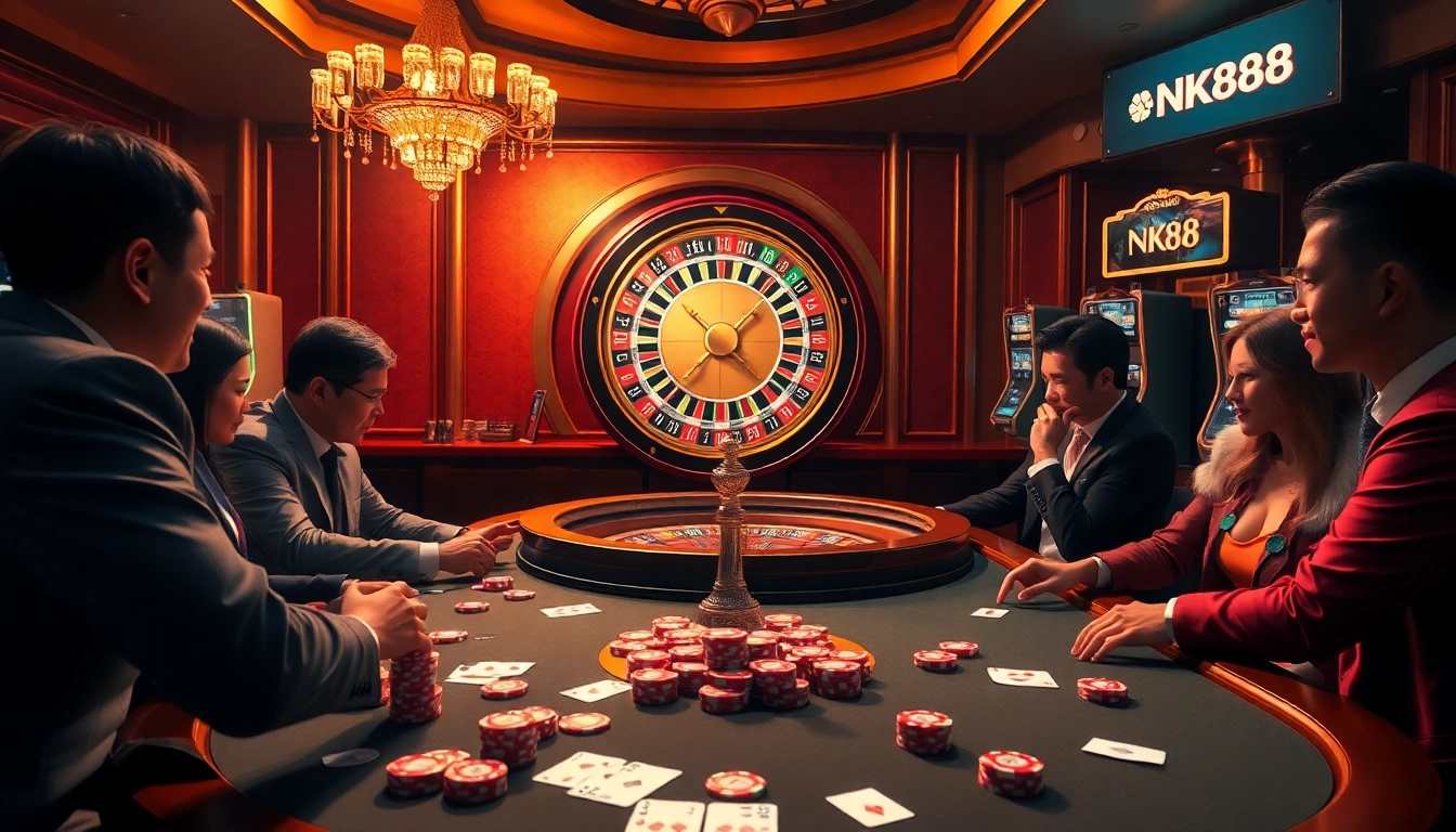 Players engaging in a thrilling game at NK88 casino, surrounded by vibrant chips and cards.