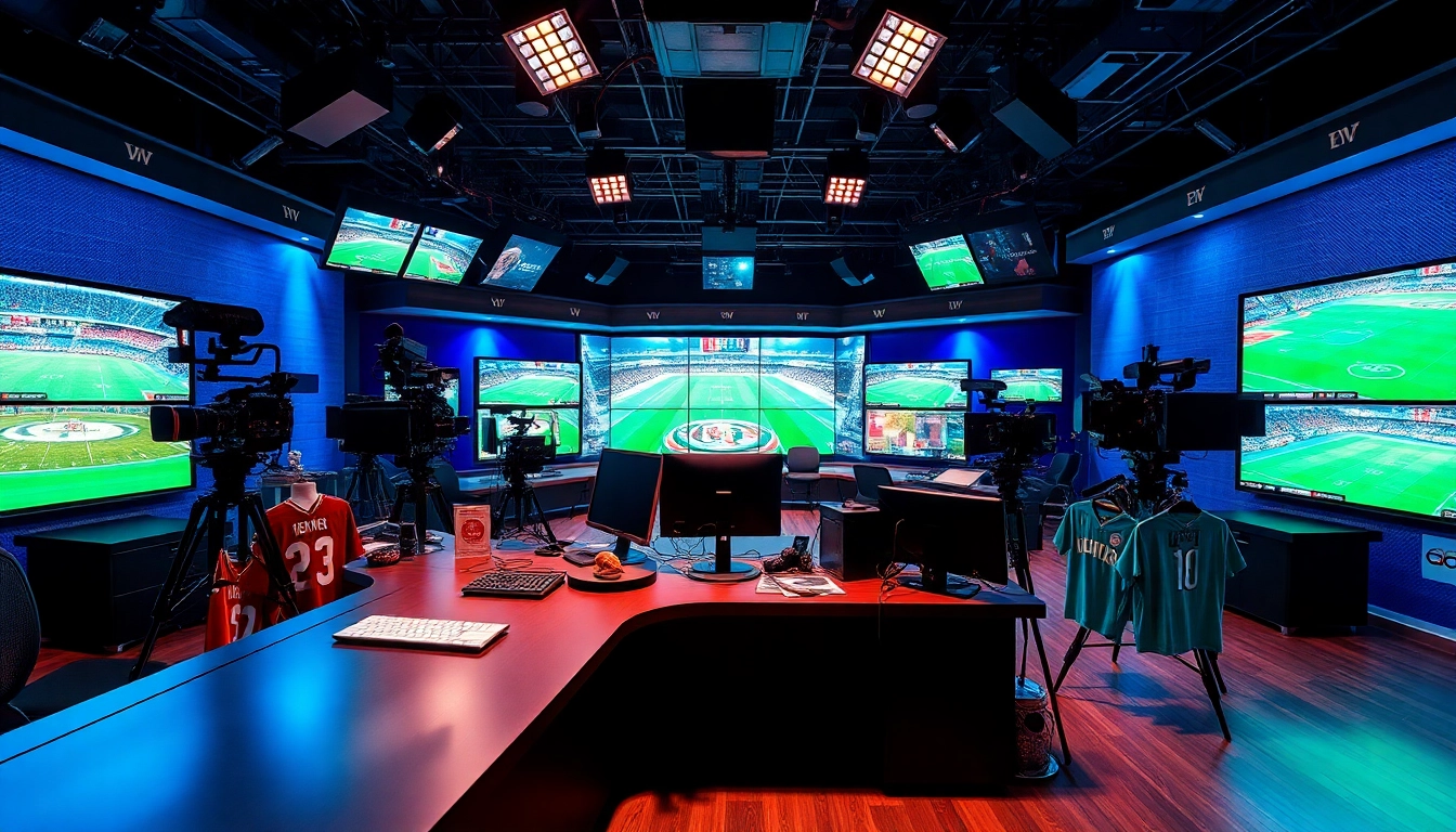 Engaging sports broadcasting studio showcasing advanced technology and vibrant visuals.