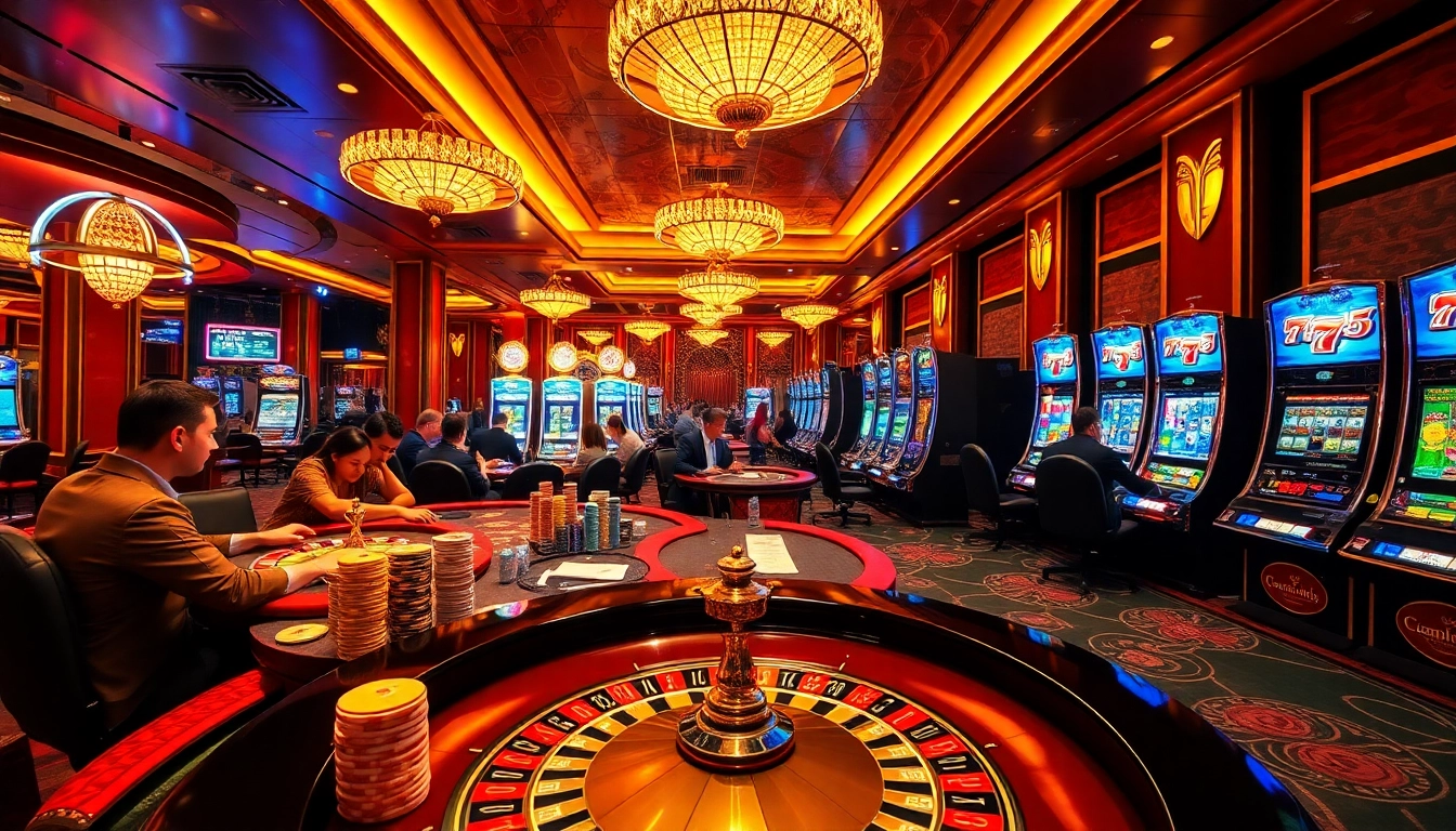 Gamblers enjoying live action at a premium casino setting inspired by https://keonhacai.deal/, featuring roulette tables and slot machines.