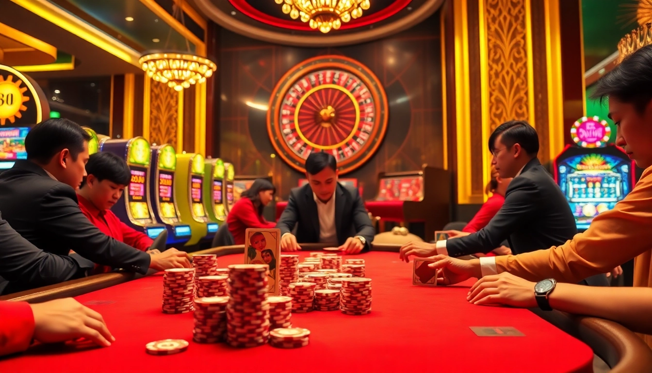 Experience thrilling gaming excitement at https://tg88pro.com/ with a luxurious poker table scene featuring vibrant slot machines and roulette wheel.
