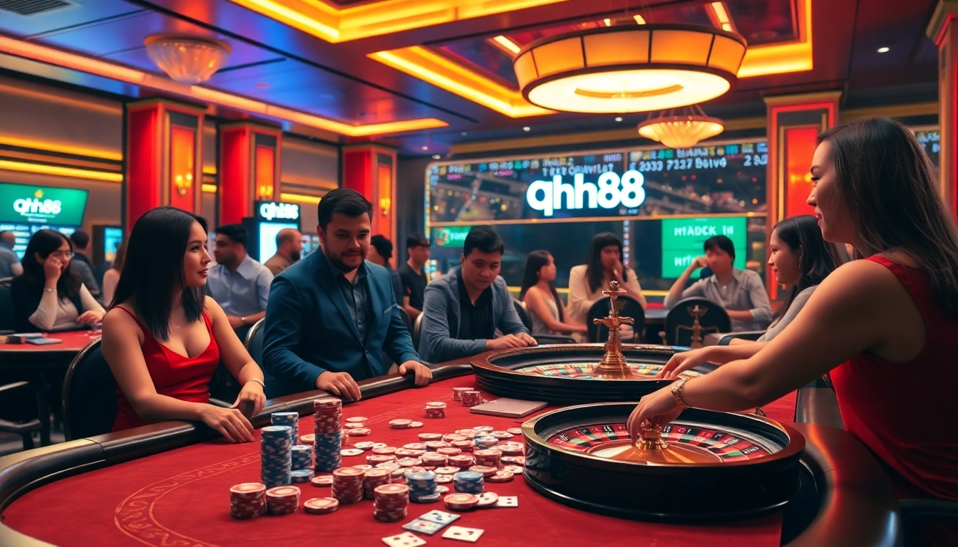 Engaging casino scene with players enjoying qh88 games at vibrant tables.