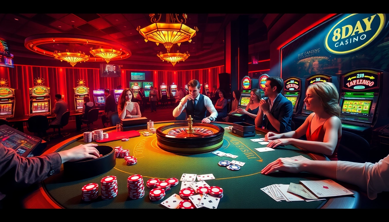 Experience the excitement of gambling with 8DAY at a luxurious casino table bustling with activity.