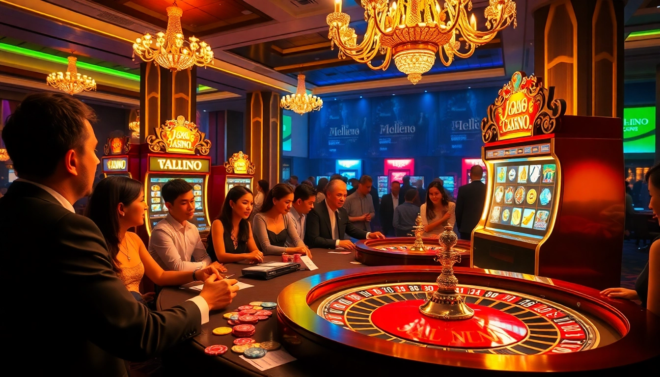 Players enjoying the excitement of the j88 slot machine in a vibrant casino atmosphere.