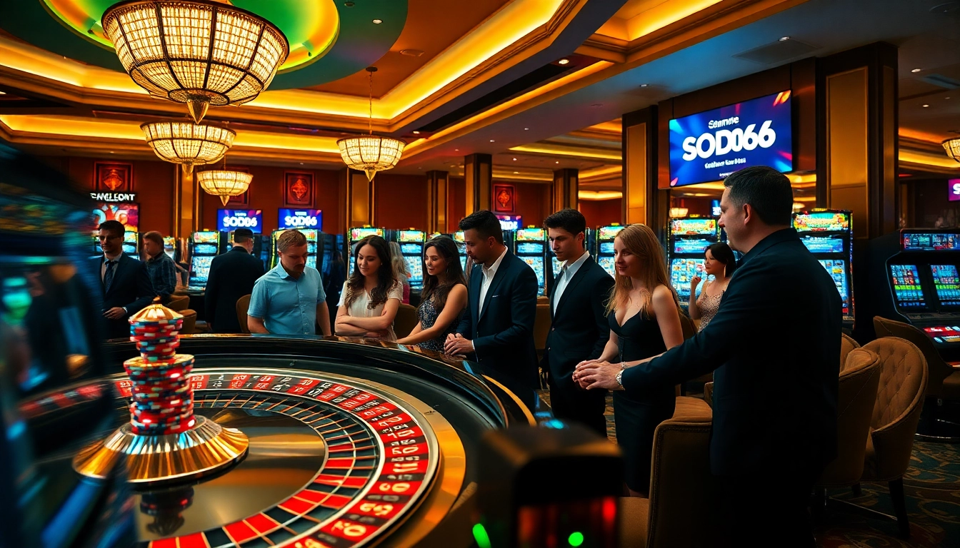 Gamblers enjoying a thrilling game at SODO66 casino, showcasing exciting atmosphere and roulette action.