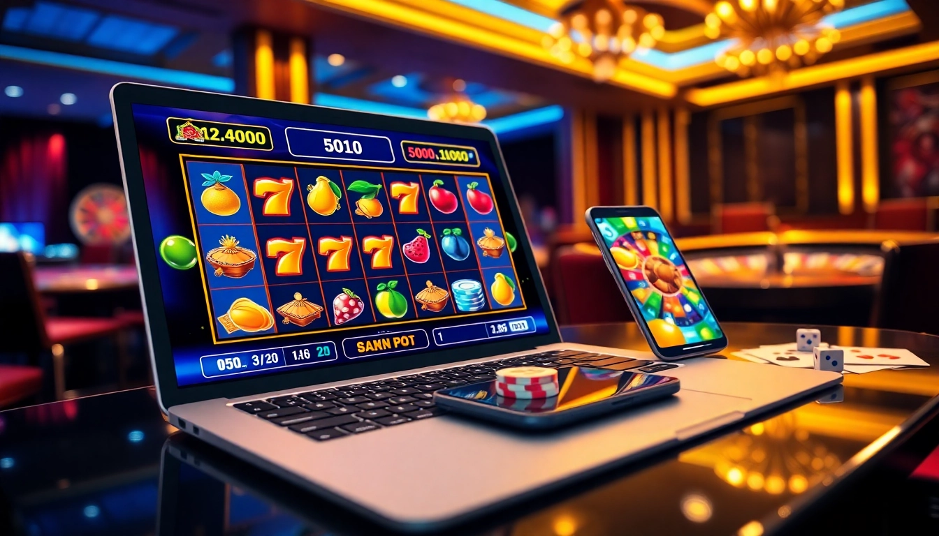 Engaging game nổ hũ slot machine spinning reels with vibrant jackpot symbols and poker chips