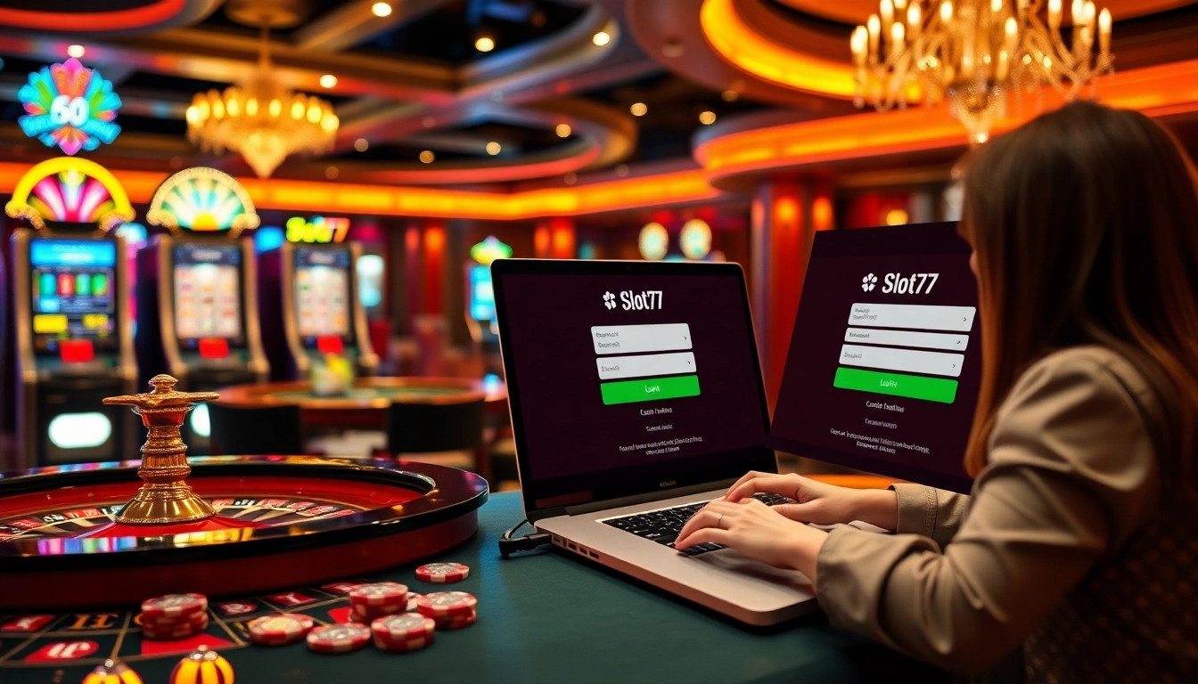 Engaging online players using the slot777 login interface in a luxurious casino environment, showcasing excitement and winning vibes.