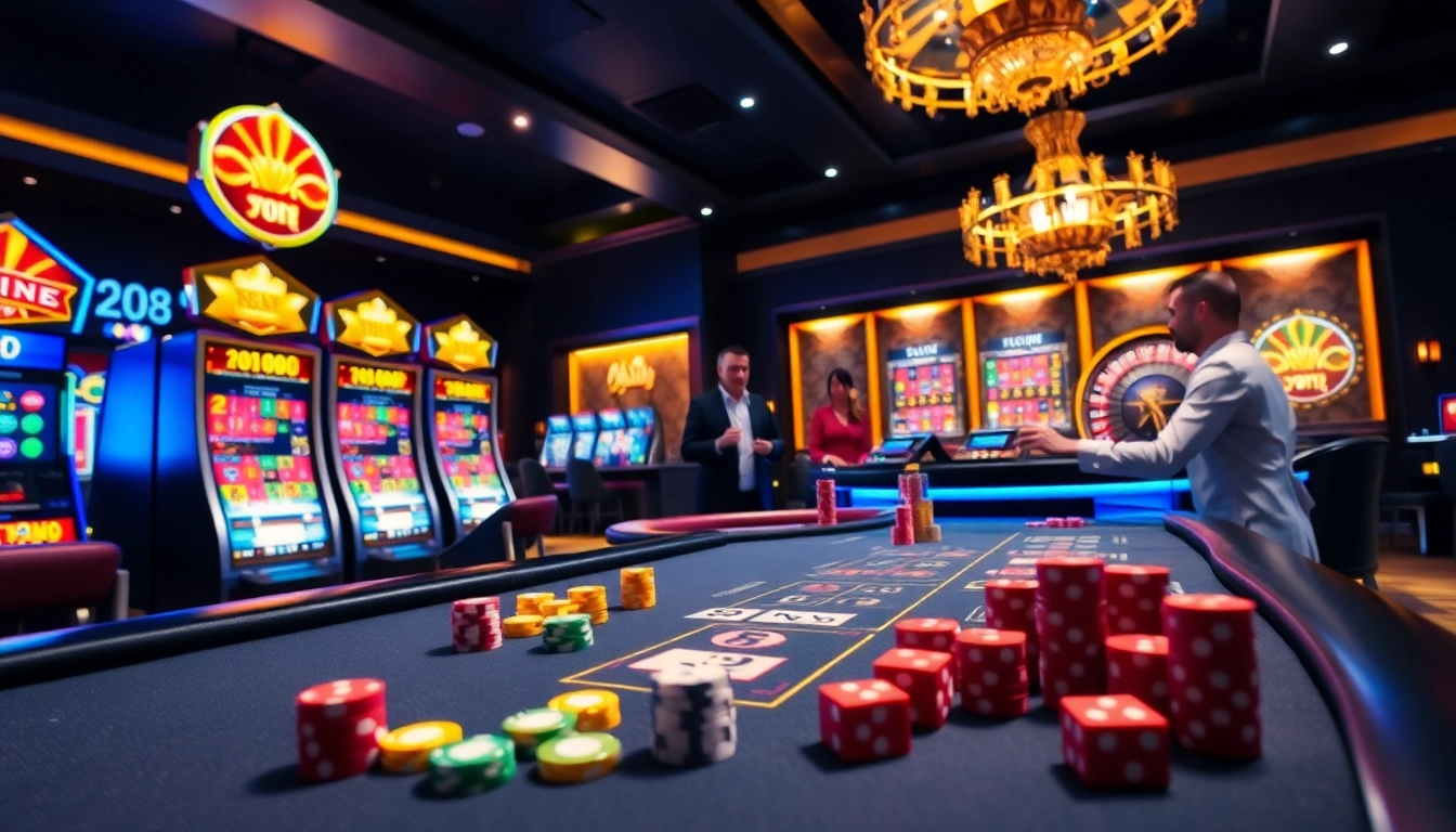 B29 casino players celebrating a win at a vibrant casino table with colorful chips and cards.