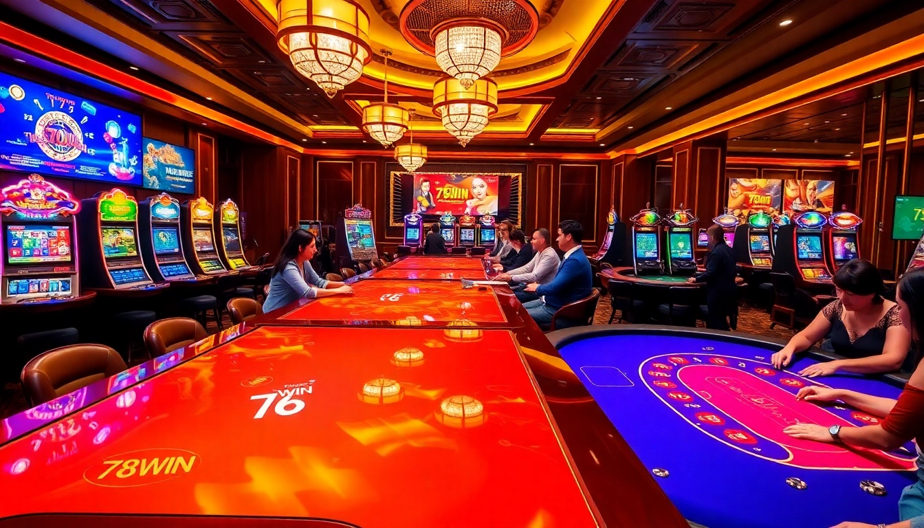 Exciting gameplay with 78WIN casino elements, featuring vibrant slots, poker tables, and enthusiastic players.