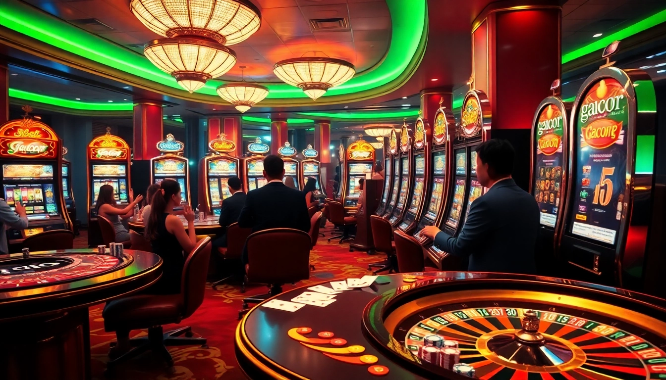 Suasana permainan slot gacor yang menarik dengan mesin berwarna-warni dan pemain kasino menikmati pengalaman mereka.