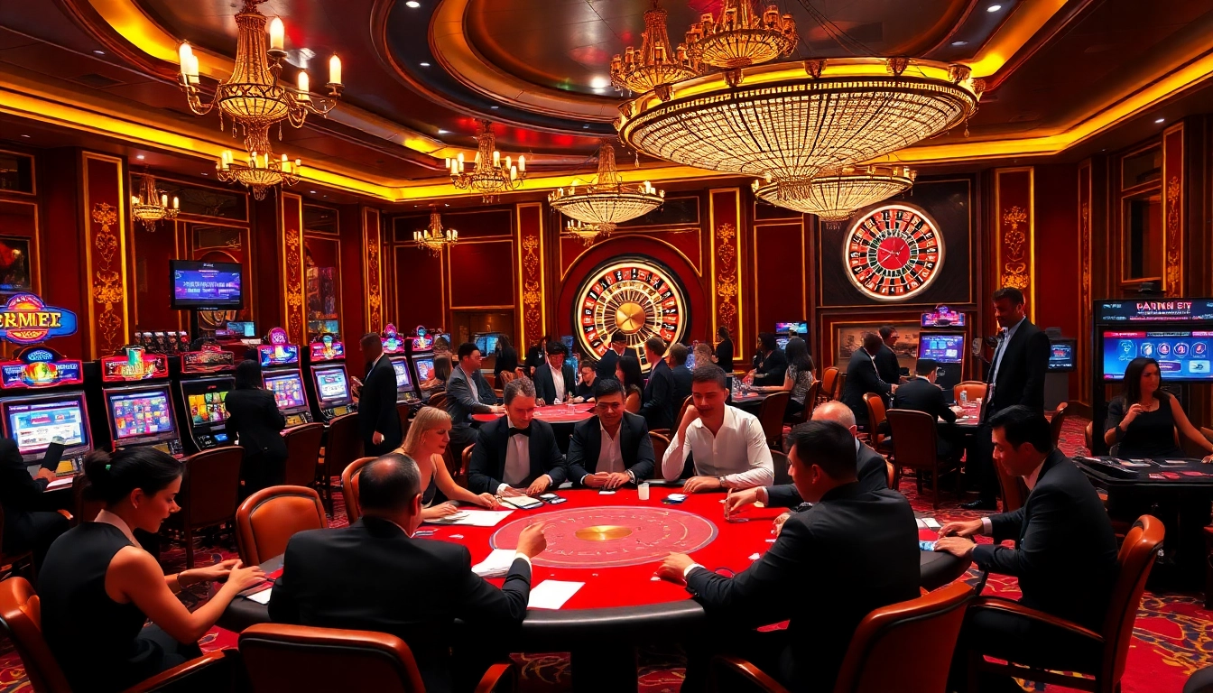 Engaging casino scene at https://rr9977.com/ with players at poker tables and vibrant slot machines.