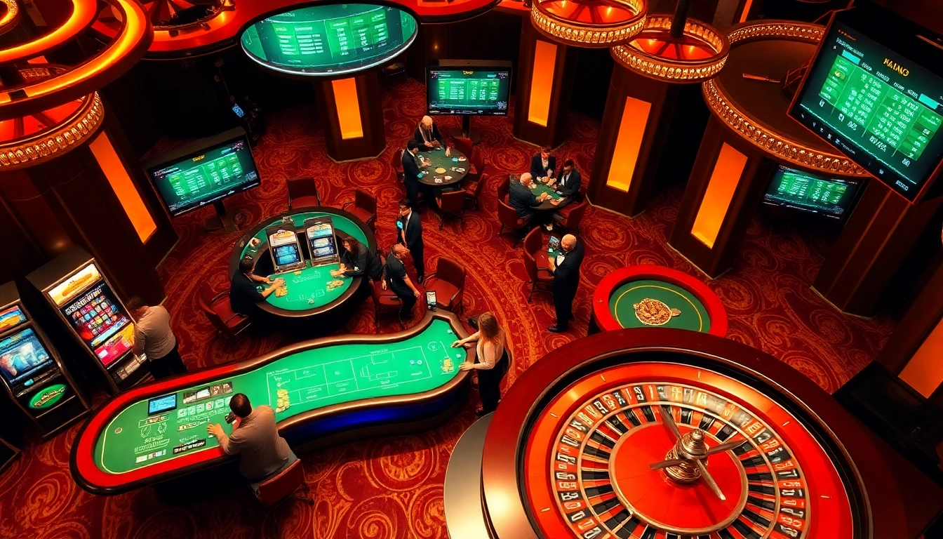 KQBD live betting scene with players at poker tables and a roulette wheel, capturing excitement in a vibrant casino.