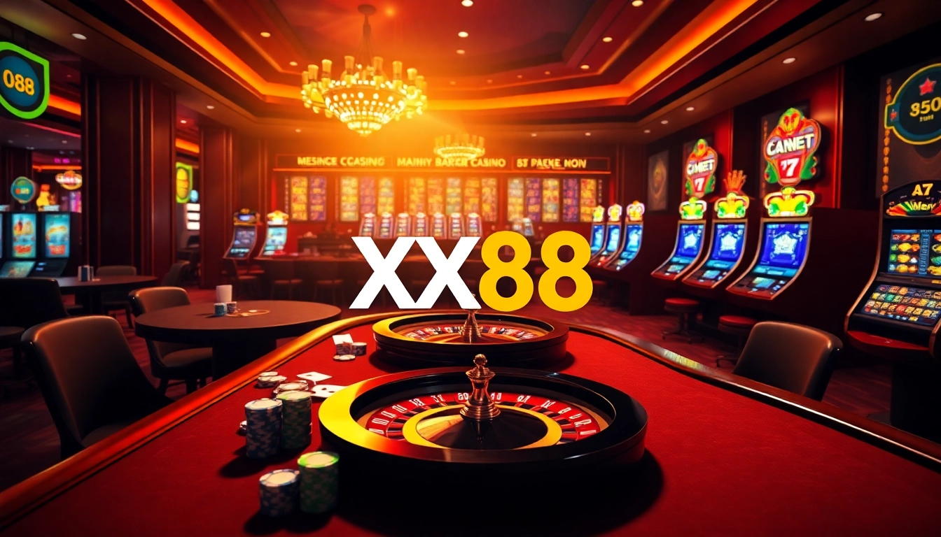 Engaging scene of nhà cái XX88, showcasing luxurious casino tables, vibrant slot machines, and thrilling roulette wheels.