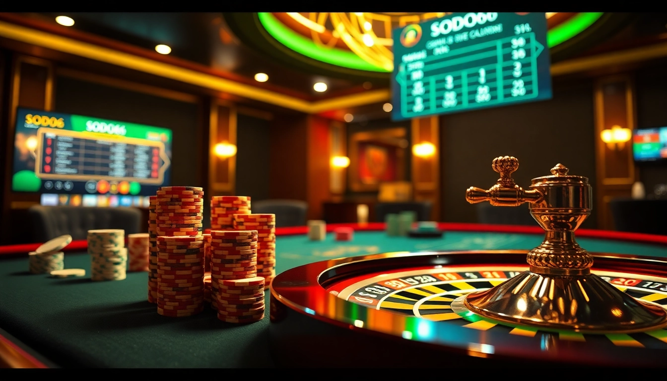 Experience the excitement of SODO66 with vibrant casino tables and roulette wheels.