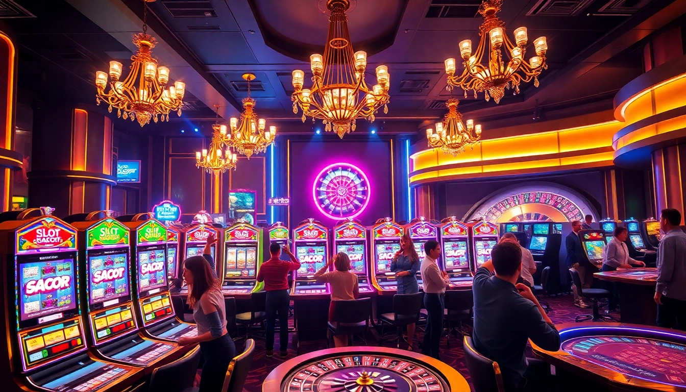 Suasana kasino yang hidup menampilkan mesin slot gacor dikelilingi oleh pemain yang bersemangat merayakan kemenangan.