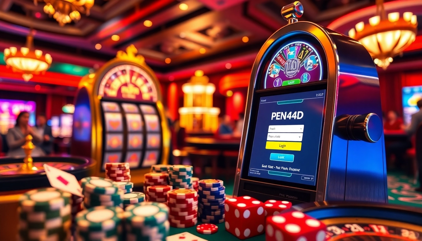 PEN4D login interface displayed on a vivid slot machine amidst poker chips and dice.