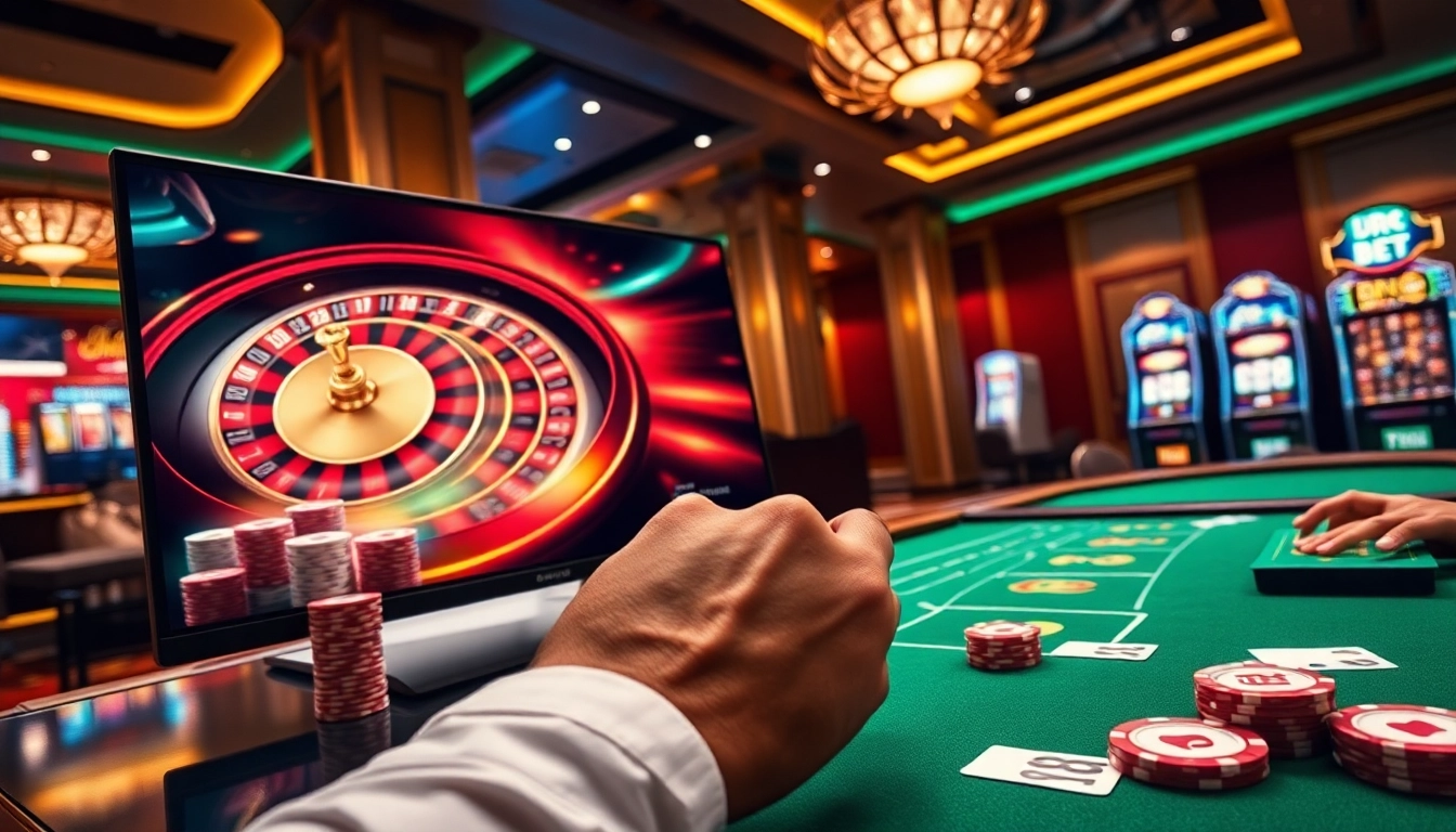 Player placing strategic bets on DR88 Bet digital roulette and poker chip stacks at an elegant casino table