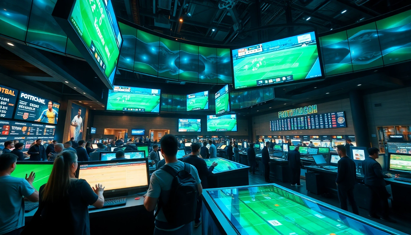 Engaging sportsbook scene at keonhacai.gold featuring lively bettors, live match screens, and betting odds.