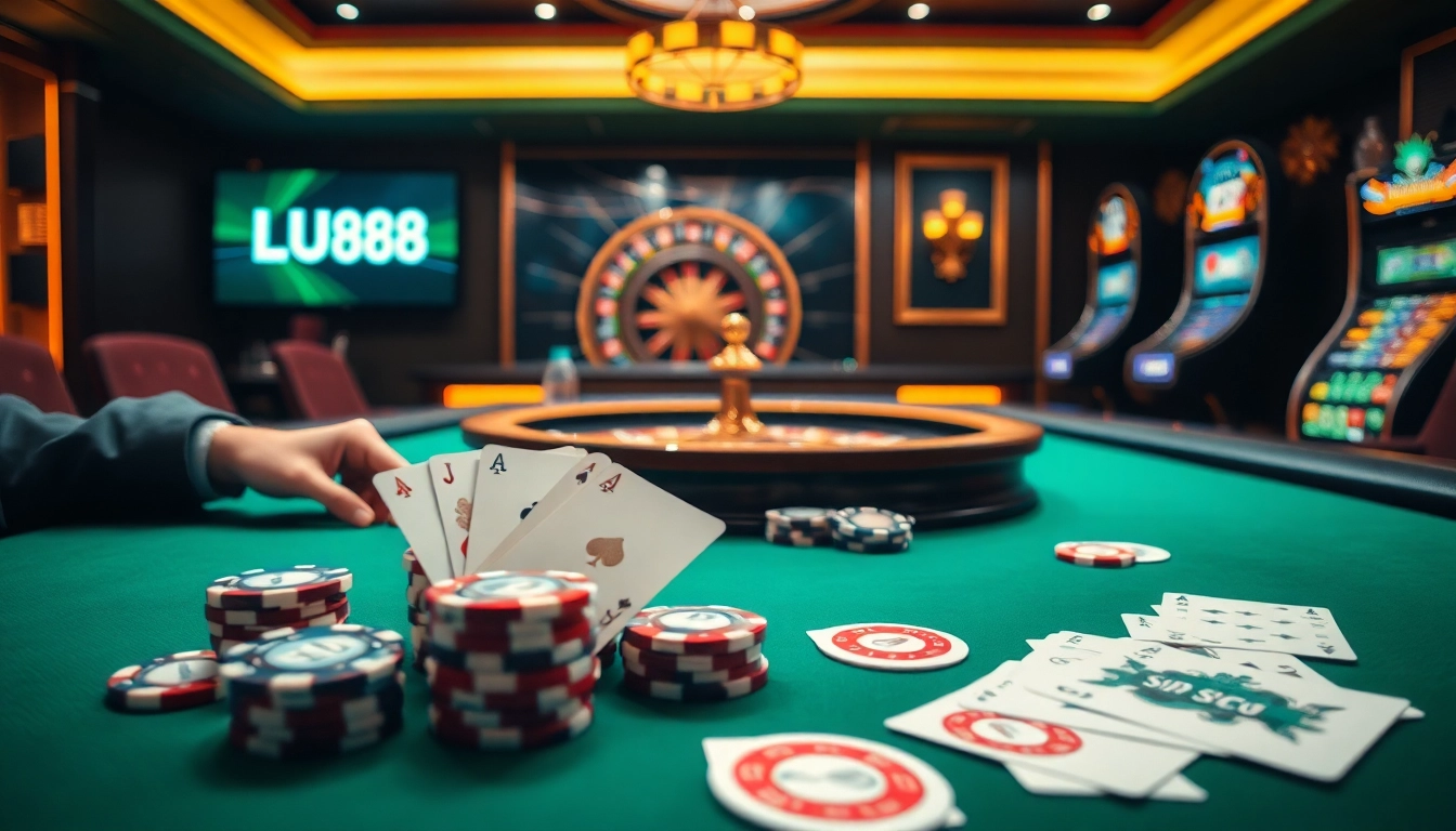 LU88 casino players enjoying a vibrant poker game with professional ambiance.