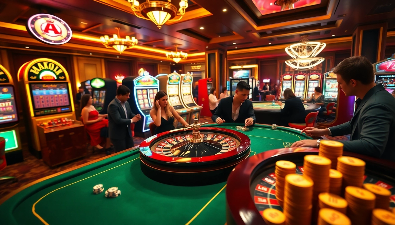 Players enjoying high-stakes actions at MK8's luxurious casino, featuring poker tables and roulette wheels.