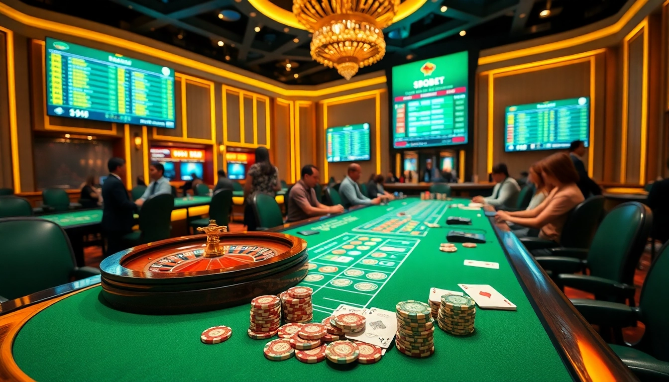 SBOBET players enjoying engaging online sports betting at a luxurious casino table with vibrant visuals.