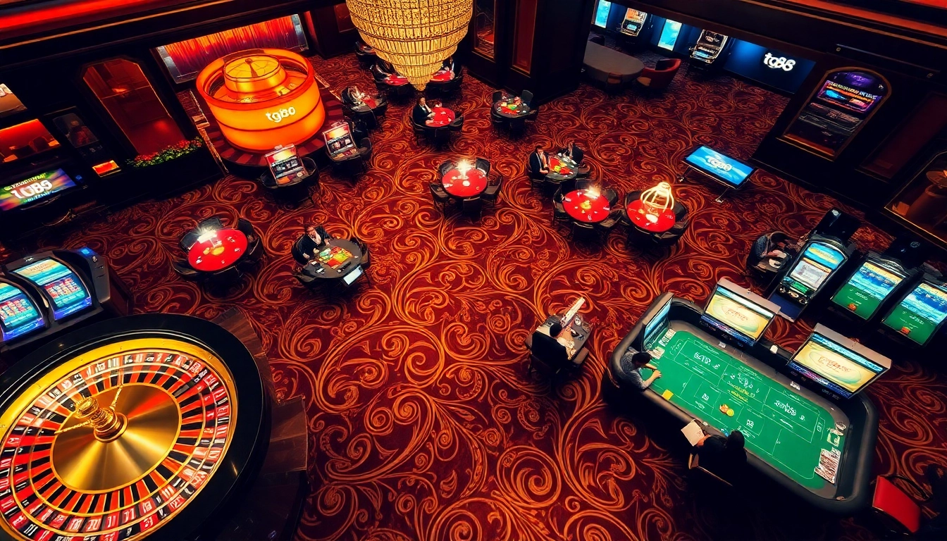 A scene of a luxurious casino featuring tg88 elements, with players enjoying vibrant poker tables and slot machines.