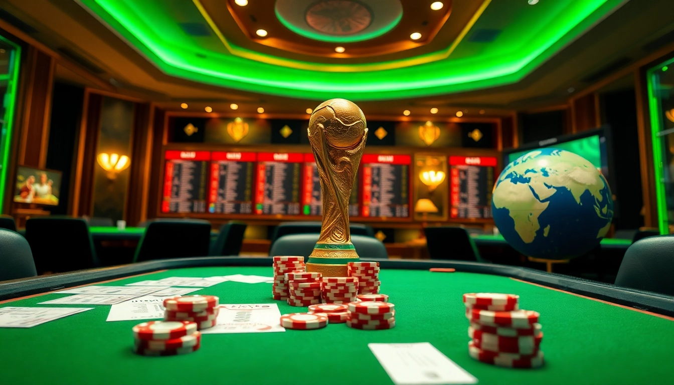 Engaging scene of Situs Judi Bola Terpercaya showcasing vibrant betting slips and poker chips, capturing the excitement of sports betting.