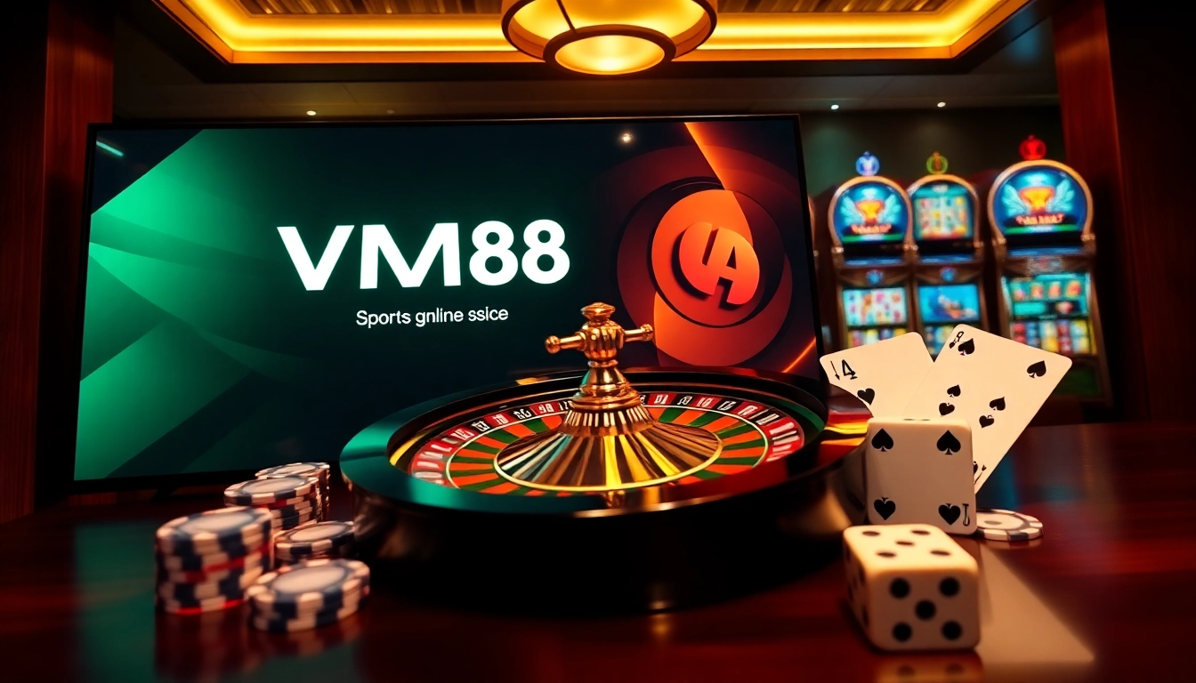 VM88 online casino interface displaying dynamic roulette spin and stacked poker chips with smooth betting action