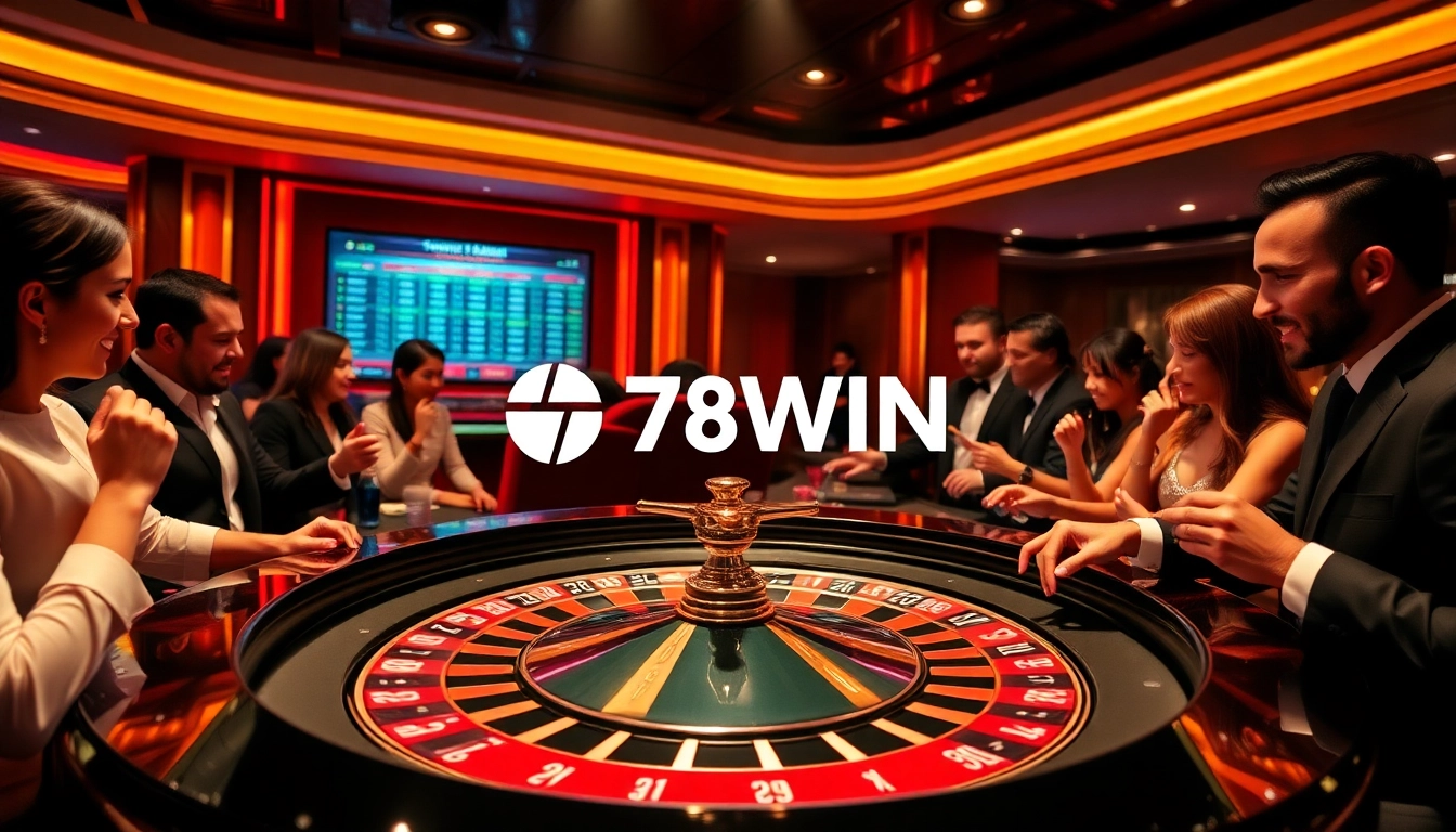 Players enjoying a thrilling roulette game at 78WIN casino, surrounded by colorful chips and bright lights.