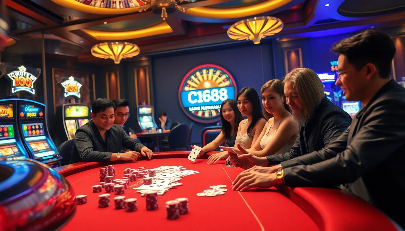 C168 players engaging in vibrant casino activities with poker chips and a roulette wheel.