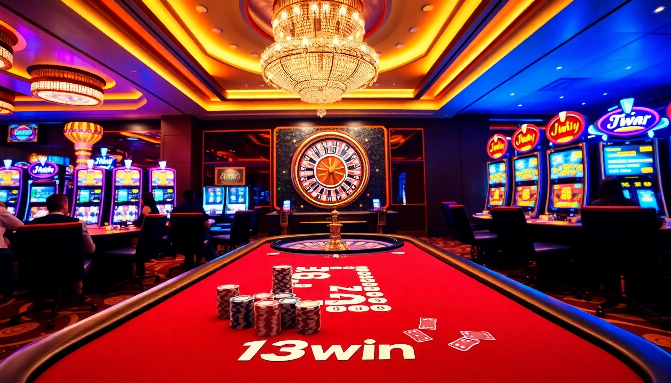 Players enjoying their time at the 13win casino with vibrant gaming tables and slot machines.