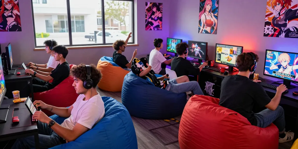 Players engaging in colorful hentai games in a lively gaming lounge.