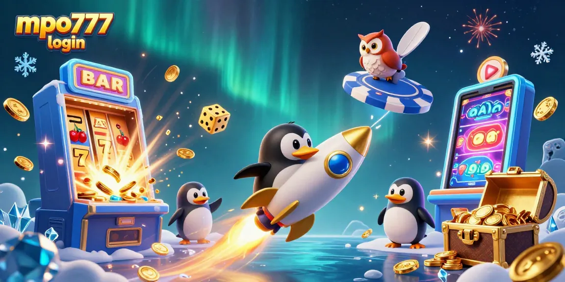 Experience the excitement of mpo777 login with a vibrant casino-themed illustration featuring dynamic characters and game elements.